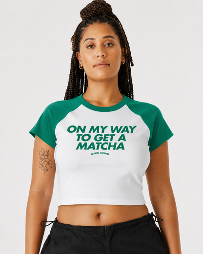 On My Way To Get A Matcha Baby Tee – Green Raglan Micro-Rib Crop Top