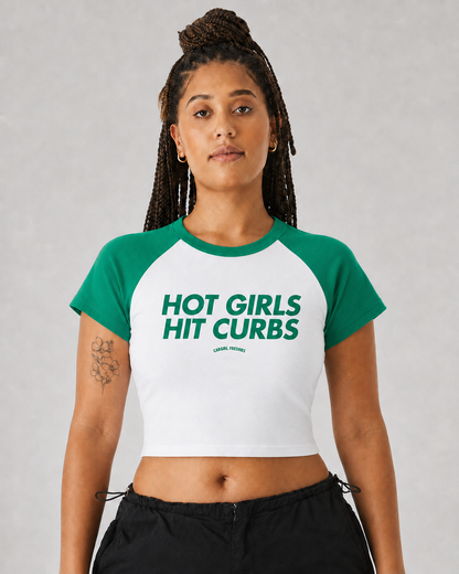 Hot Girls Hit Curbs Baby Tee – Green Raglan Micro-Rib Crop Top