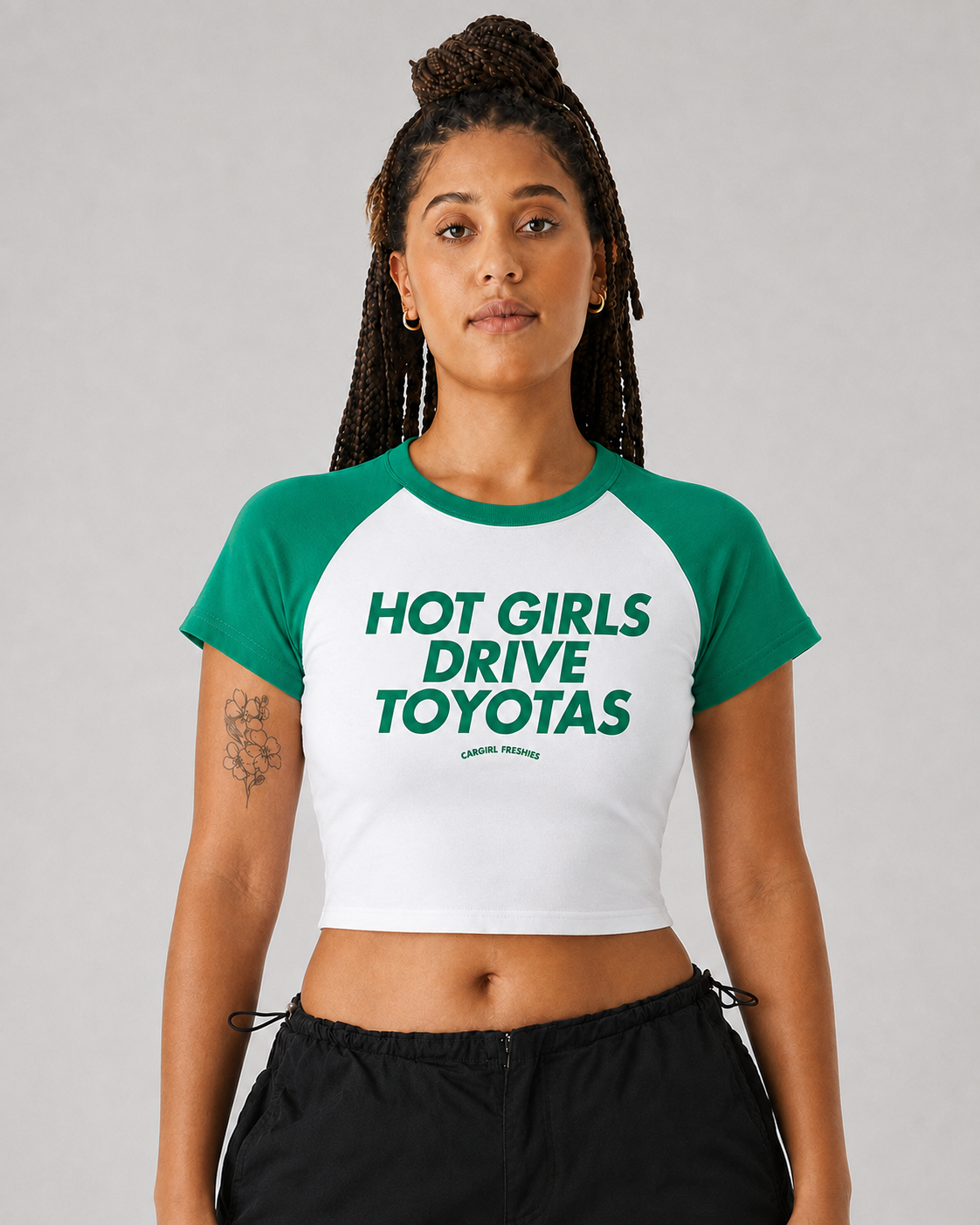 Hot Girls Drive Toyotas Baby Tee – Green Raglan Micro-Rib Crop Top