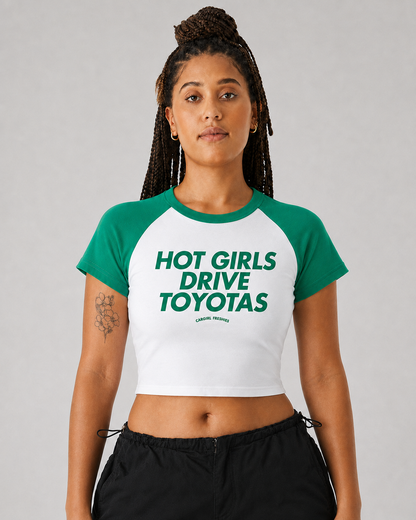 Hot Girls Drive Toyotas Baby Tee – Green Raglan Micro-Rib Crop Top