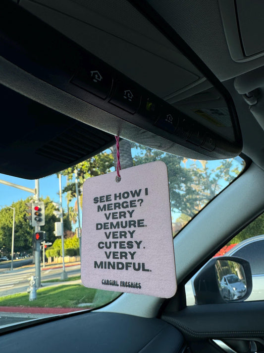 Pink "Demure Merge" Car Freshener: Vanilla Rose Scented